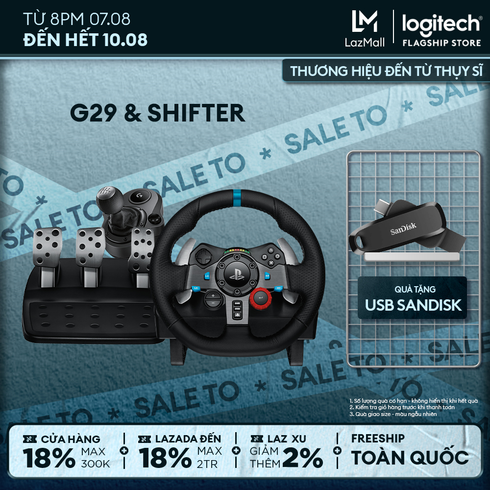 Vô lăng đua xe Logitech G29 Driving Force và bàn đạp thép không gỉ, tay lái bọc da thủ công, phù hợp PS5, PS4, PC, Mac
