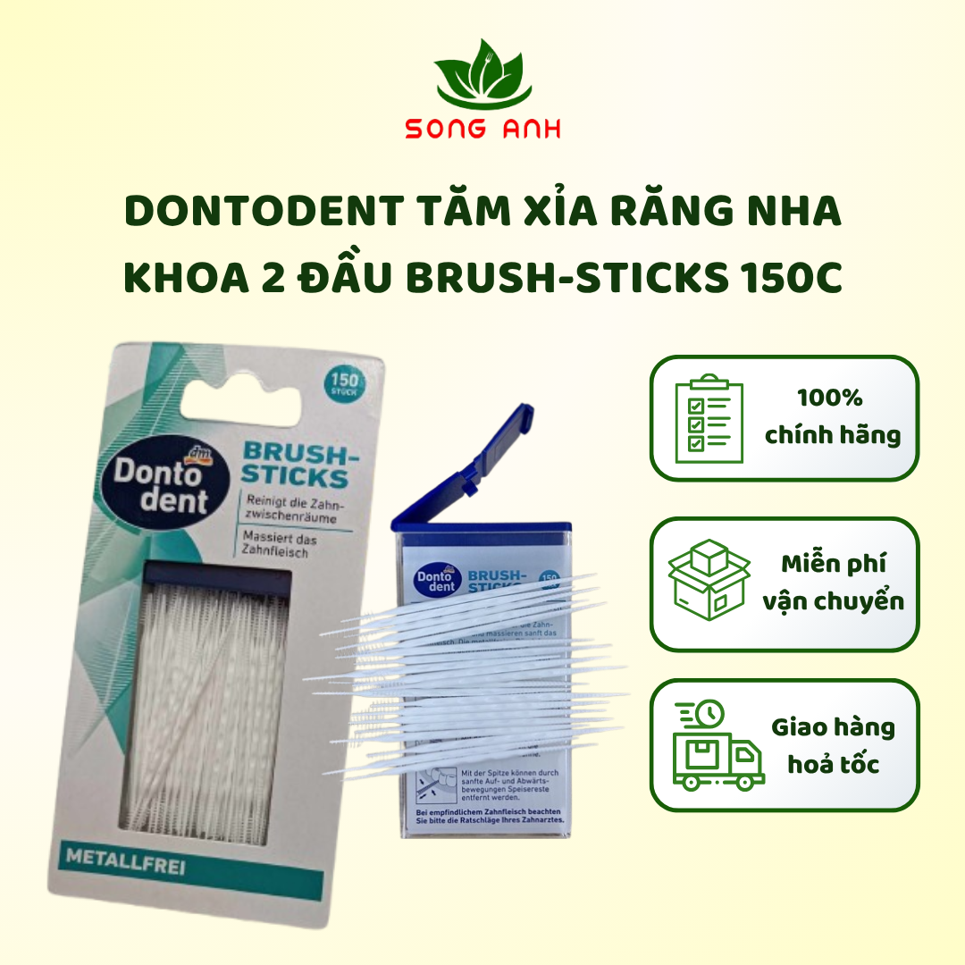 Hộp 150 tăm que nhựa làm sạch kẽ răng Brush-Sticks của hãng Dontodent DM Đức- cực kì phù hợp với những người hay bị chảy máu chân răng, răng thưa...
