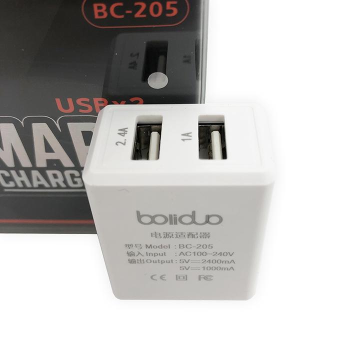 Củ sạc 2 cổng usb boliduo bc-205 hỗ trợ sạc nhanh 2.4a