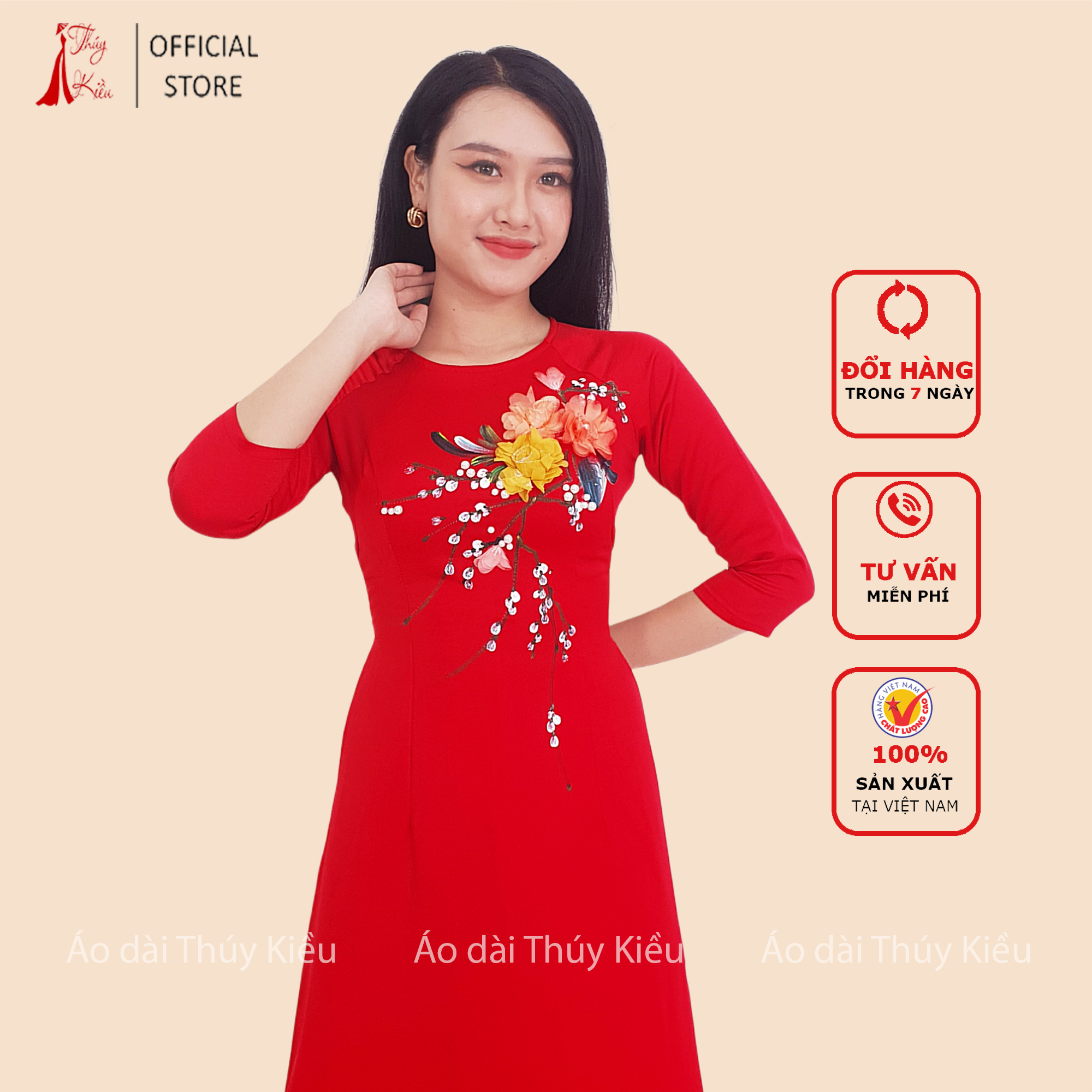 Áo dài lụa Tây Thi cổ tròn nền đỏ đính kết hoa 3 màu AT30