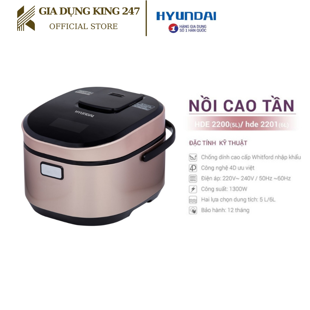 Nồi cơm điện, nồi cơm cao tần hyundai hde-2201g dung tích 1,8l - đa chức năng nấu - bảo hành chính hãng 12 tháng