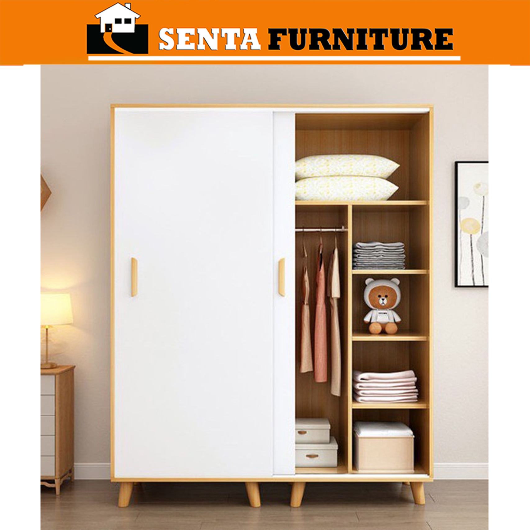 Tủ quần áo bắc âu cửa lùa, Tủ áo cửa trượt có chân gỗ 2 màu kết hợp Senta033.1