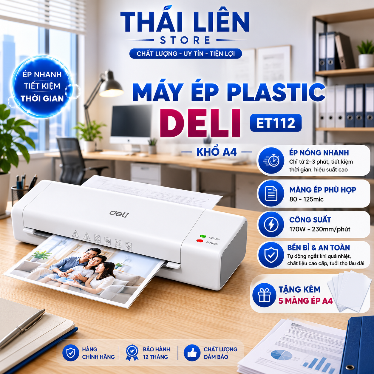 Máy Ép Plastic Khổ A4 Deli - Máy Ép ET112 Phù Hợp Ép Màng Ảnh, Poster, Văn Phòng Trường Học