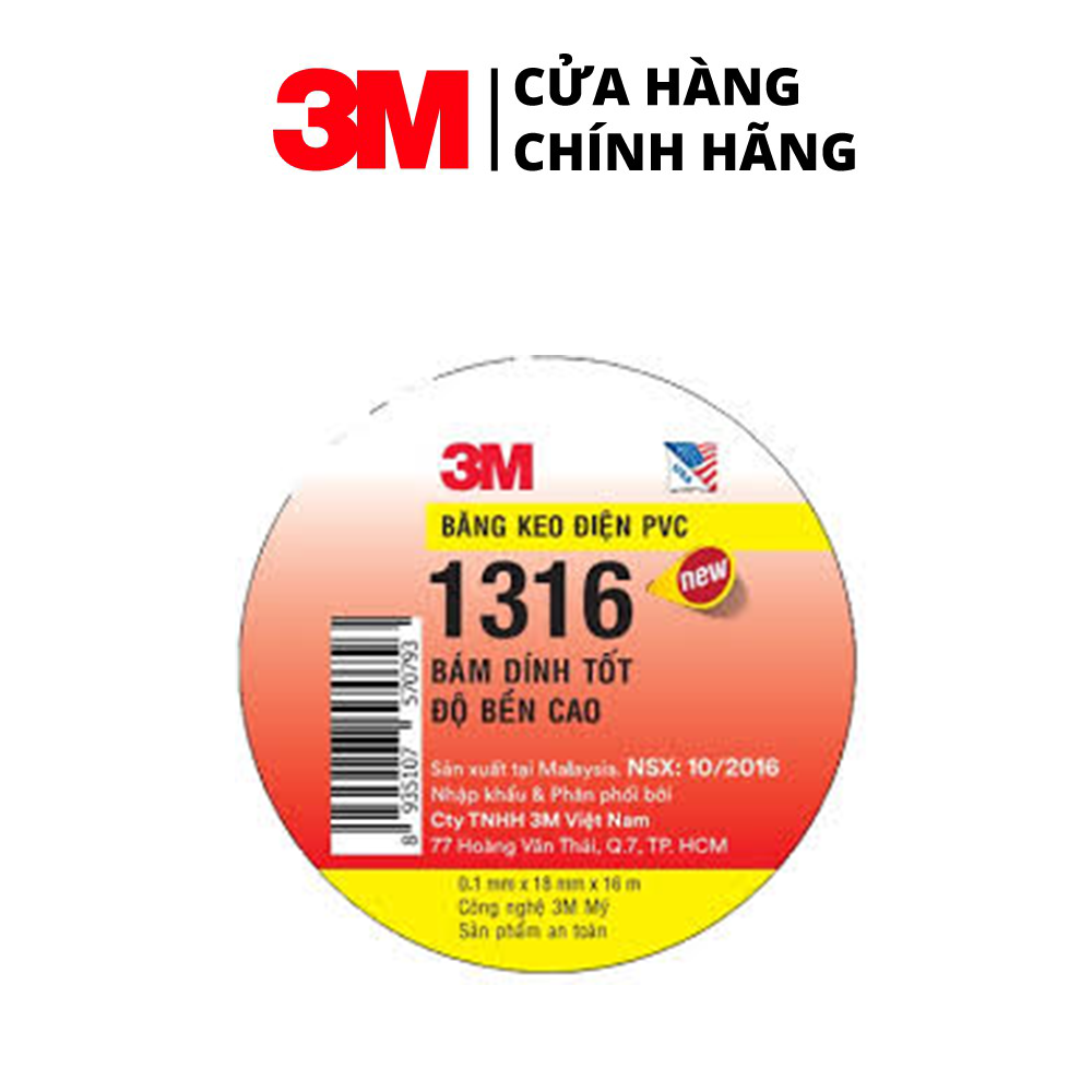 [1 Cuộn] Băng Keo Điện 3M PVC 1316, Màu Vàng, Khổ 18mm x 16m x 0.1mm
