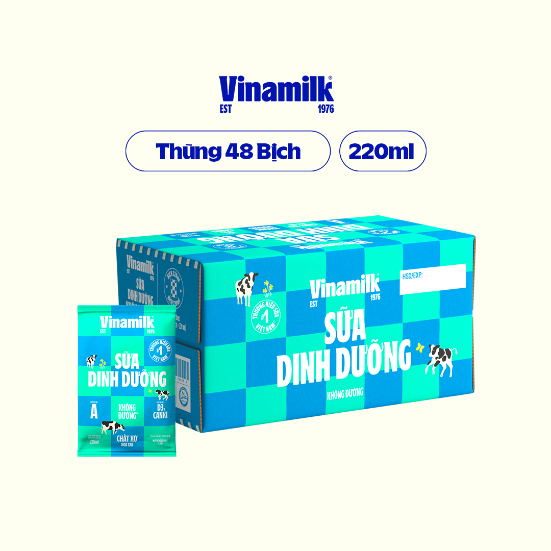 Thùng 48 Bịch Sữa dinh dưỡng Vinamilk không đường 220ml