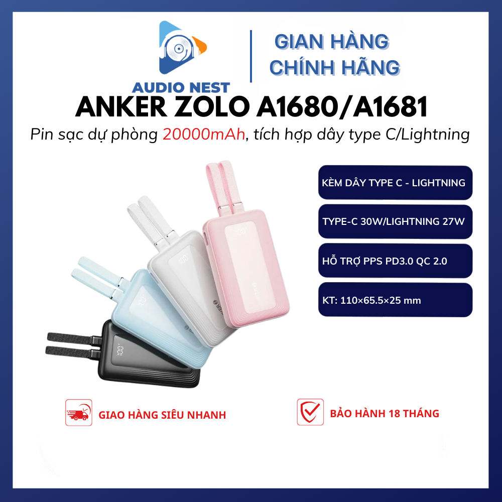 Sạc Dự Phòng Anker Zolo 20000mAh A1680/A1681 Tích hợp dây Type C 30W và Lightning 27W - Bảo hành 18 tháng
