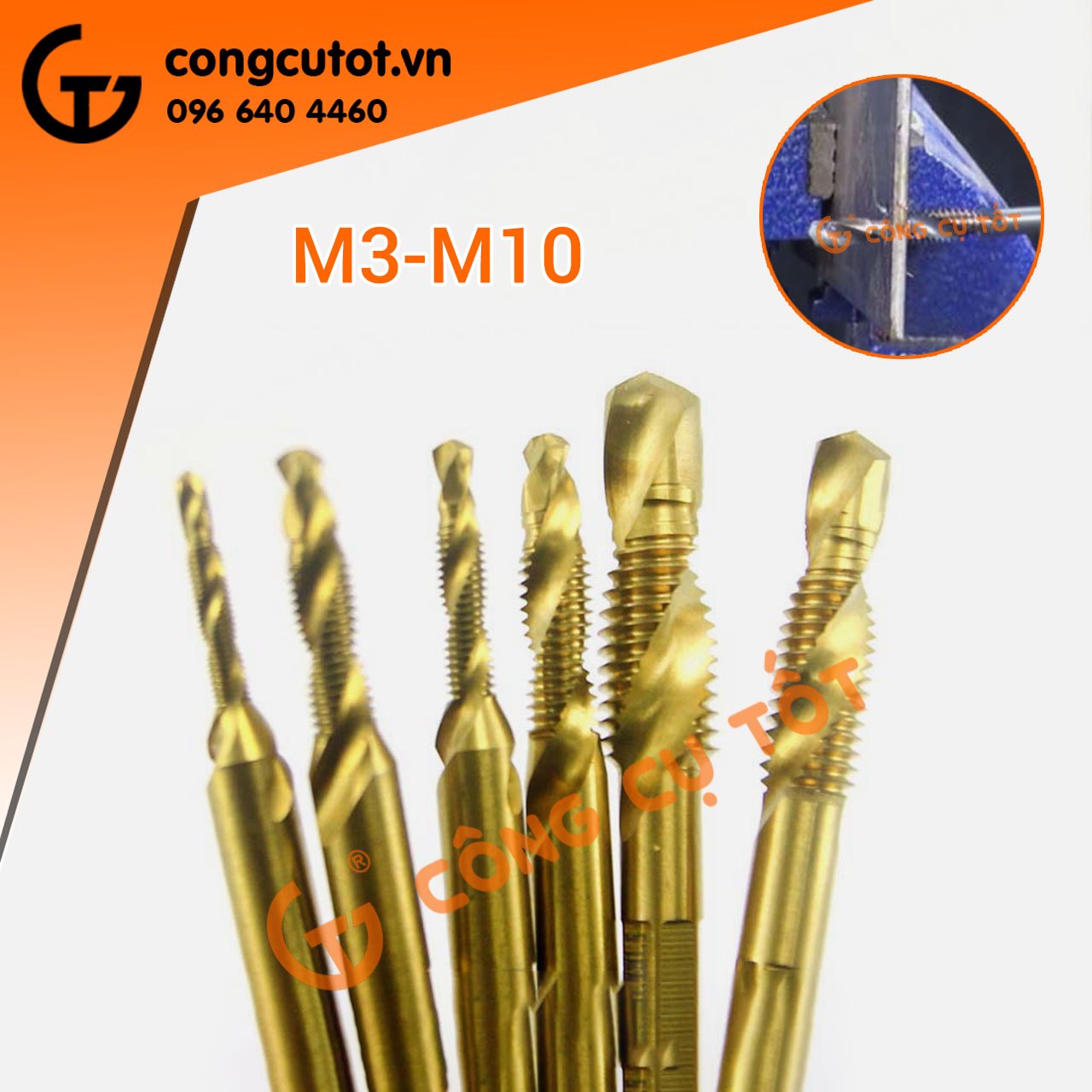 Bộ 6 mũi khoan taro M3-M10 phủ Titanium, tạo ren inox, doa âm mũ vít