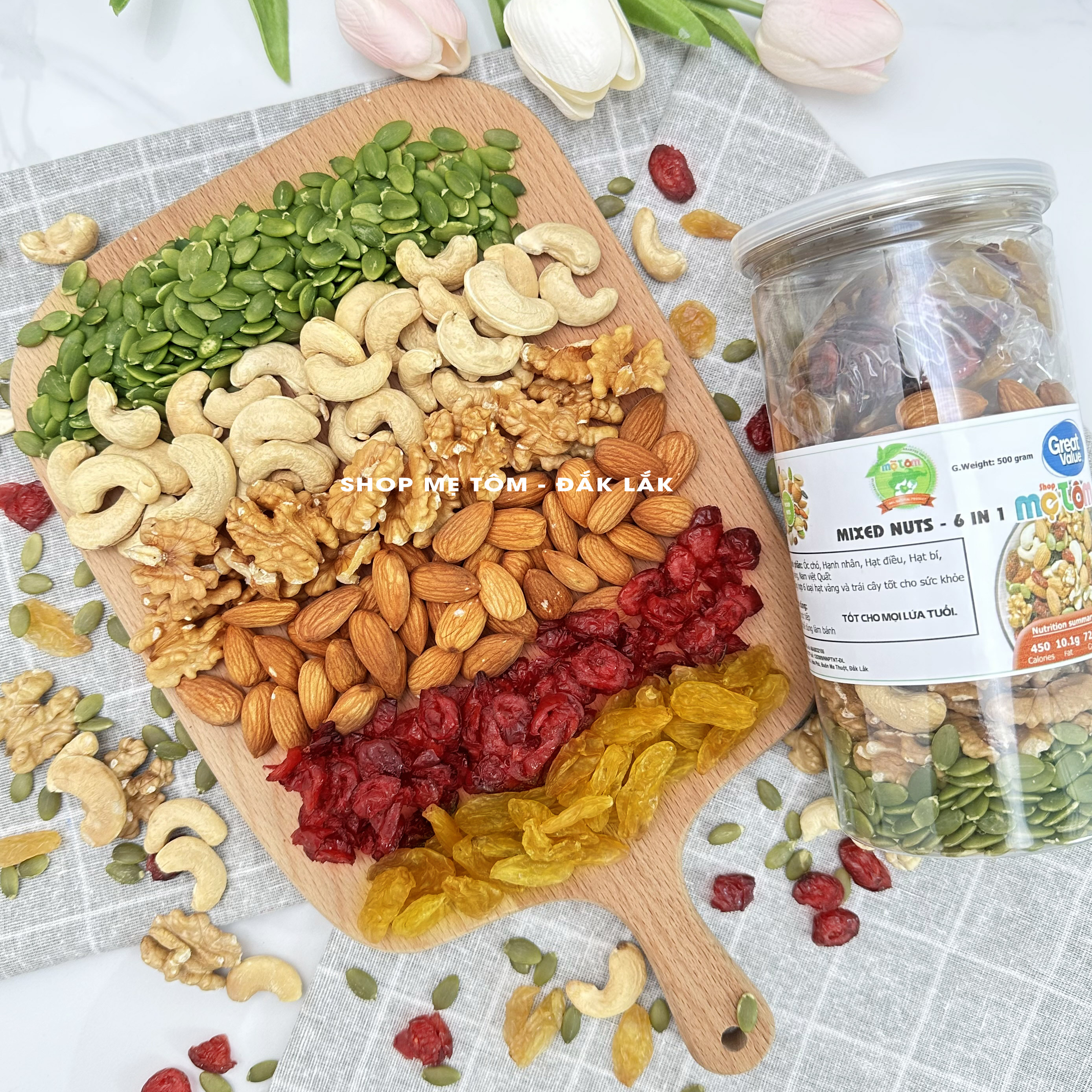 [500Gr] HẠT MIX GỒM 6 LOẠI HẠT VÀ TRÁI CÂY SẤY NGUYÊN VỊ (ĂN HEALTHY, MIX NUTS, HẠNH NHÂN, HẠT ĐIỀU, ÓC CHÓ, HẠT BÍ, VIỆT QUẤT, NHO) shop vothithu90