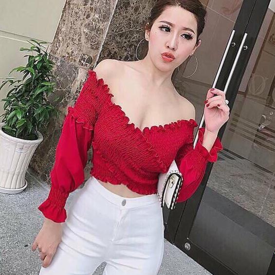 Áo voan trễ vai nhúm đắp chéo siêu hot