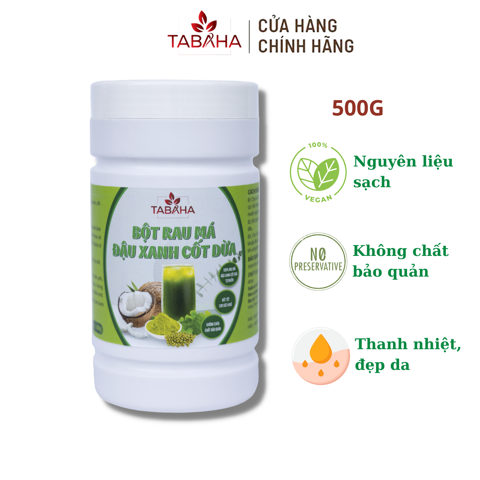 Bột Rau Má Đậu Xanh Cốt Dừa TABAHA Hộp 500g - Pha uống bột thơm ngon