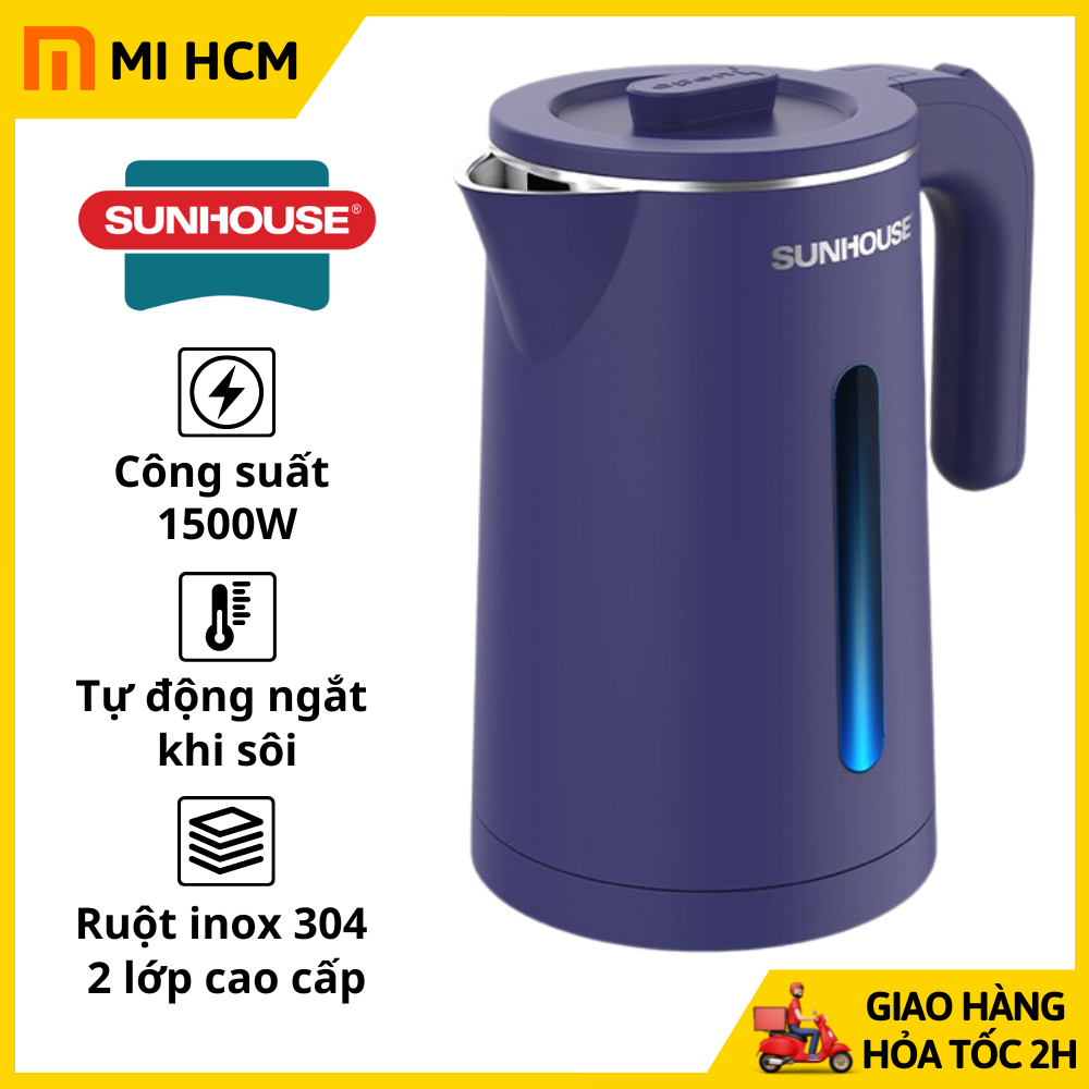Ấm siêu tốc. Bình đun siêu tốc cao cấp inox 2 lớp 1.8L Sunhouse SHD1355, bảo hành toàn quốc 12 tháng