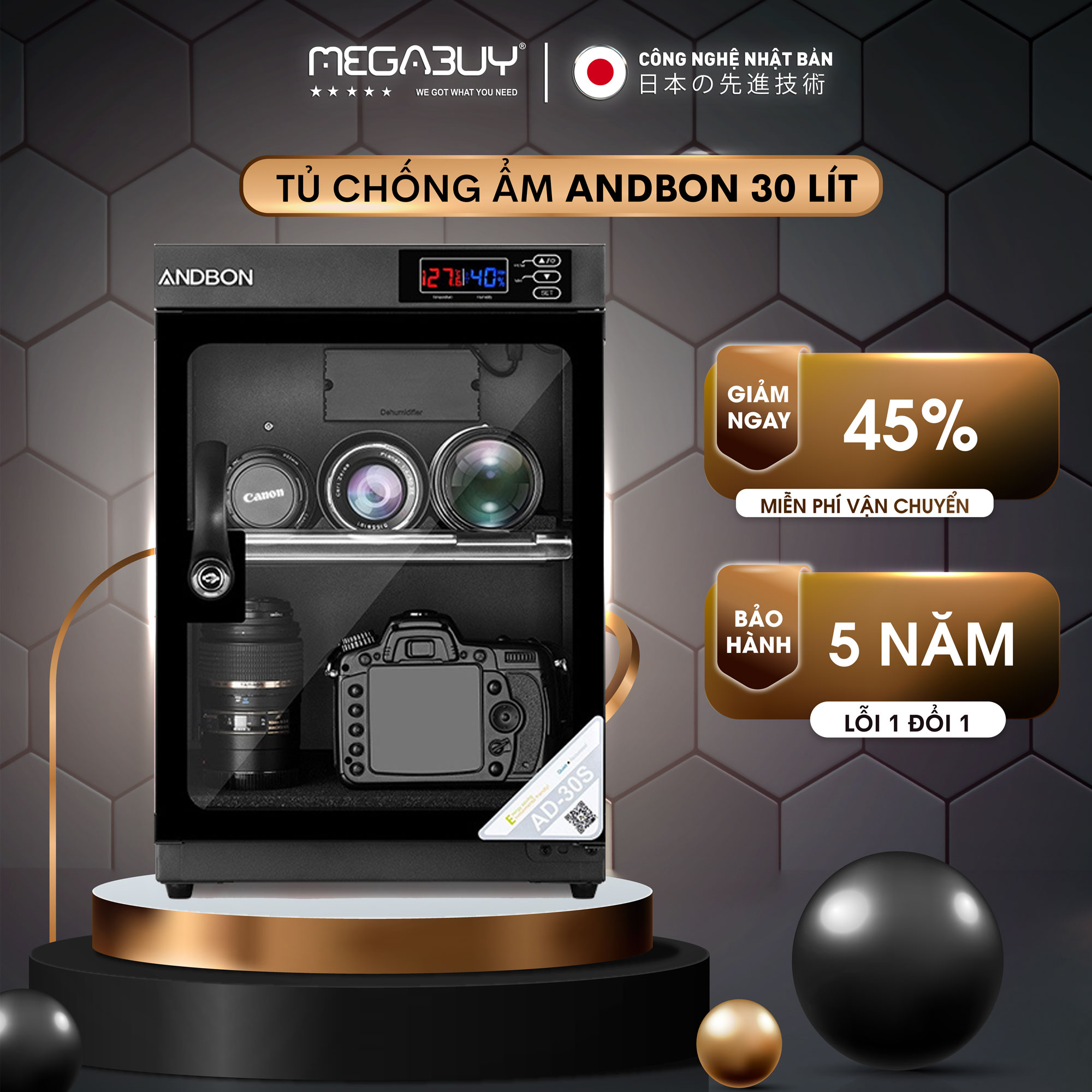 Tủ chống ẩm máy ảnh 30 Lít nhập khẩu Nhật Bản ANDBON, tủ hút ẩm máy ảnh 30L,-50L có mút chống xước, cài đặt % độ ẩm ,khóa bảo vệ  - Chính hãng bảo hành 5 năm