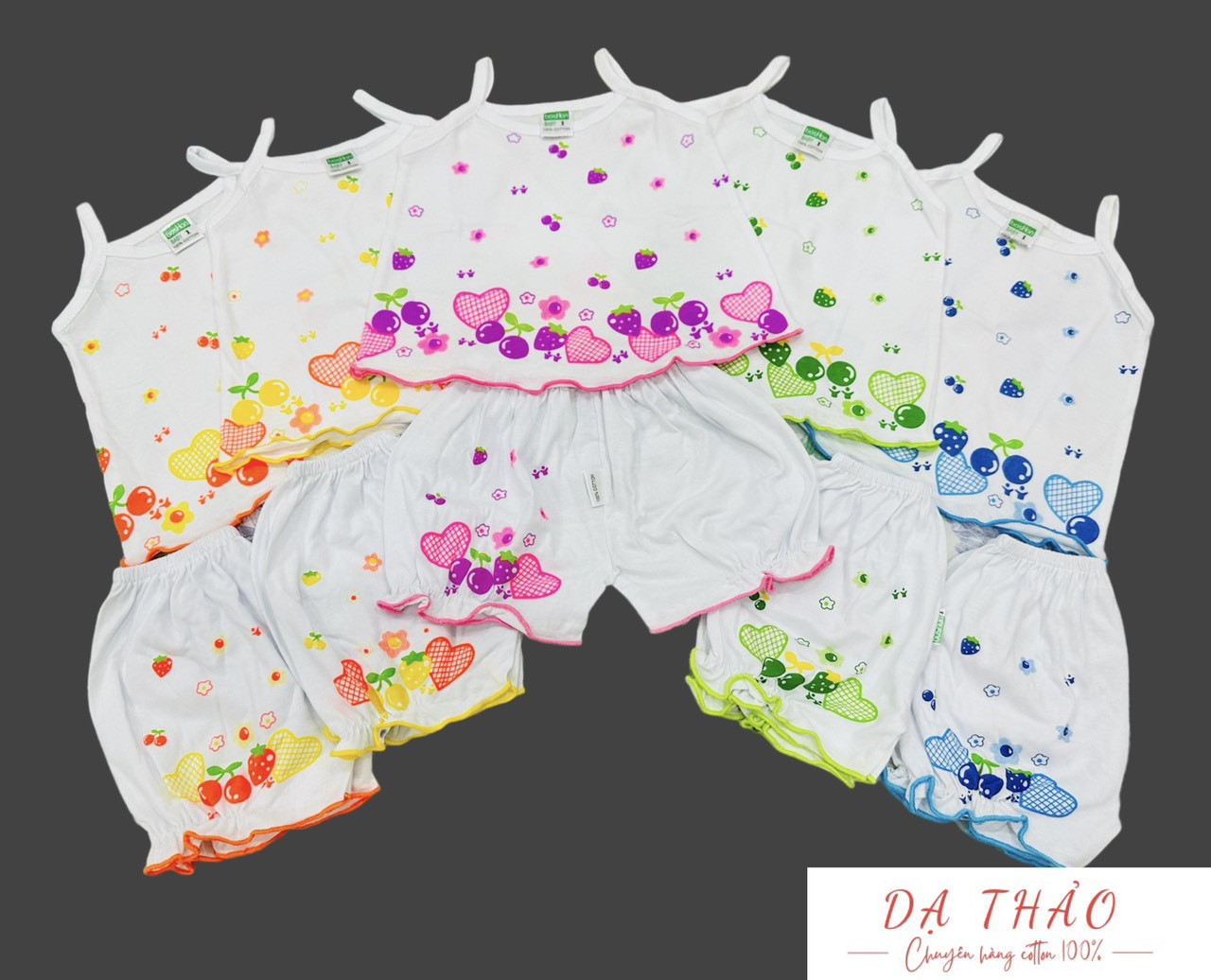 Set 05 bộ dâu dây cho bé gái, vải cotton 100%