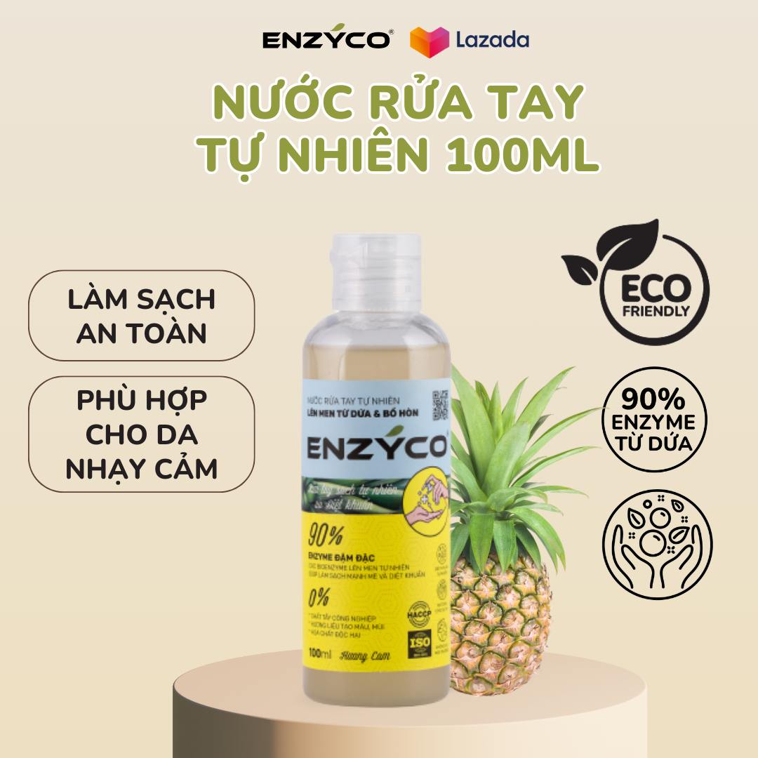 Nước rửa tay sinh học ENZYCO chai 100ml - 90% Enzyme từ dứa giúp làm sạch mạnh mẽ, diệt khuẩn, bảo vệ da tay, mềm da - Hương cam