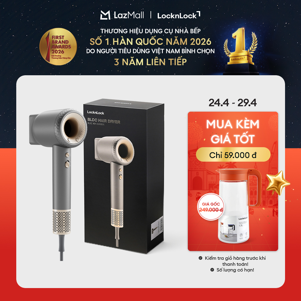 Máy sấy tóc ion âm LocknLock hair dryer đầu sấy từ 360 độ, chức năng tự làm sạch ENA316GRY