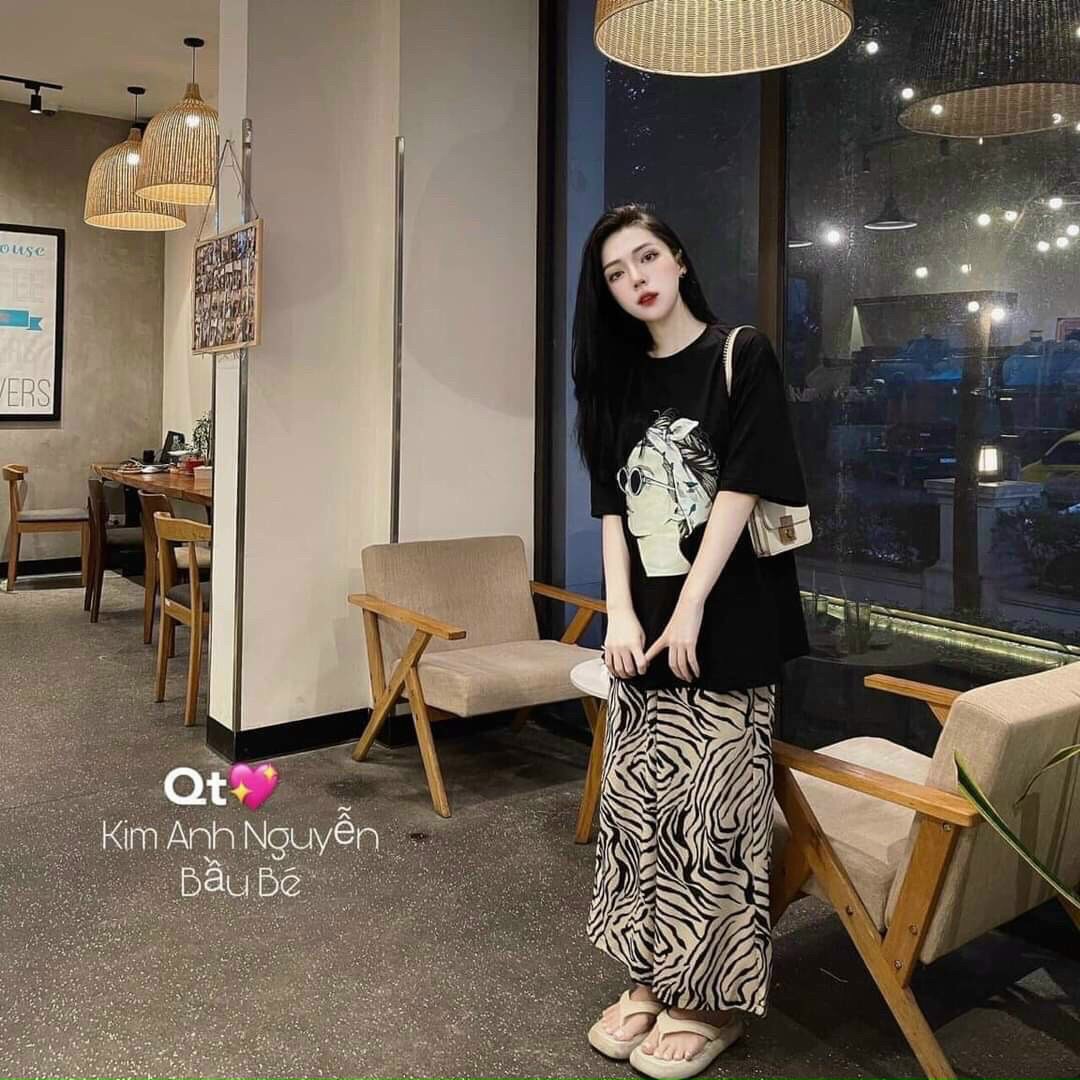 Set đồ bộ thun mặc ở nhà, áo thun tay ngắn, quần ống rộng da beo, set đồ bộ da beo sang chảnh, đồ bộ thun form rộng kèm ảnh thật