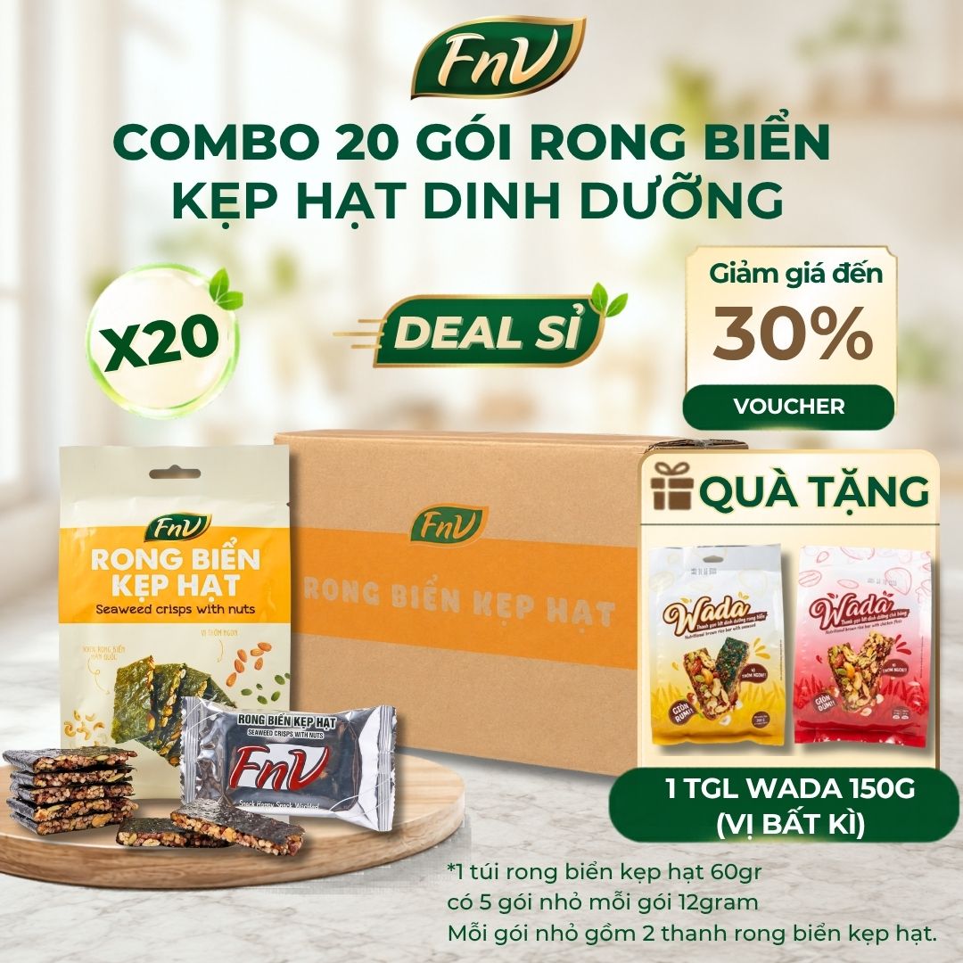 Combo 20 gói rong biển kẹp hạt dinh dưỡng mix gạo lứt ăn vặt không đường FNV 20 gói 60g đồ ăn vặt healthy
