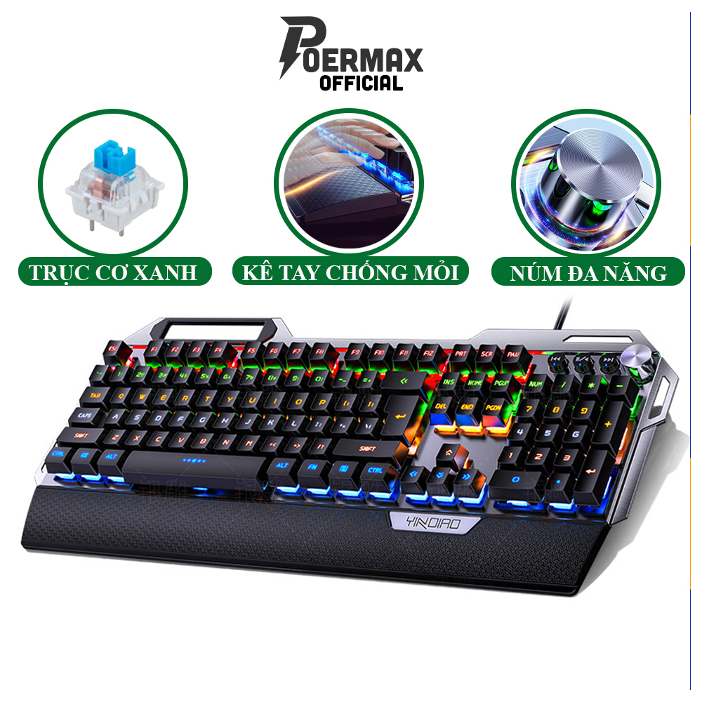 Bàn phím cơ gaming poermax k100 blue switch , kết nối có dây usb, núm xoay đa năng điều chỉnh led và âm lượng