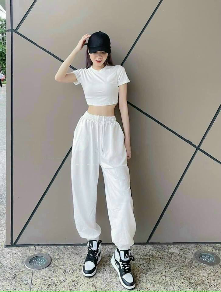 Quần jogger nữ bo gấu trơn vải thun da cá - Quần jogger nữ dài ống rộng phong cách Ulzzang bo gấu chất thun trẻ trung