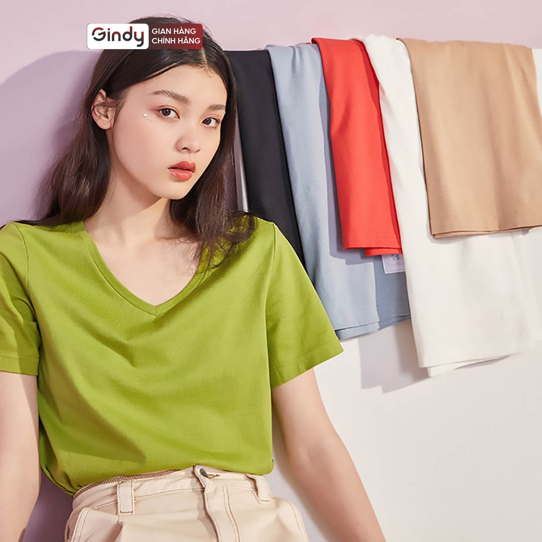 Áo thun nữ cổ tim áo thun cổ chữ v nữ áo phông nữ trơn basic form vừa vải cotton, co dãn 4 chiều nhiều màu thoáng mát áo phông kiểu nữ đẹp áo thun local brand GINDY A9104