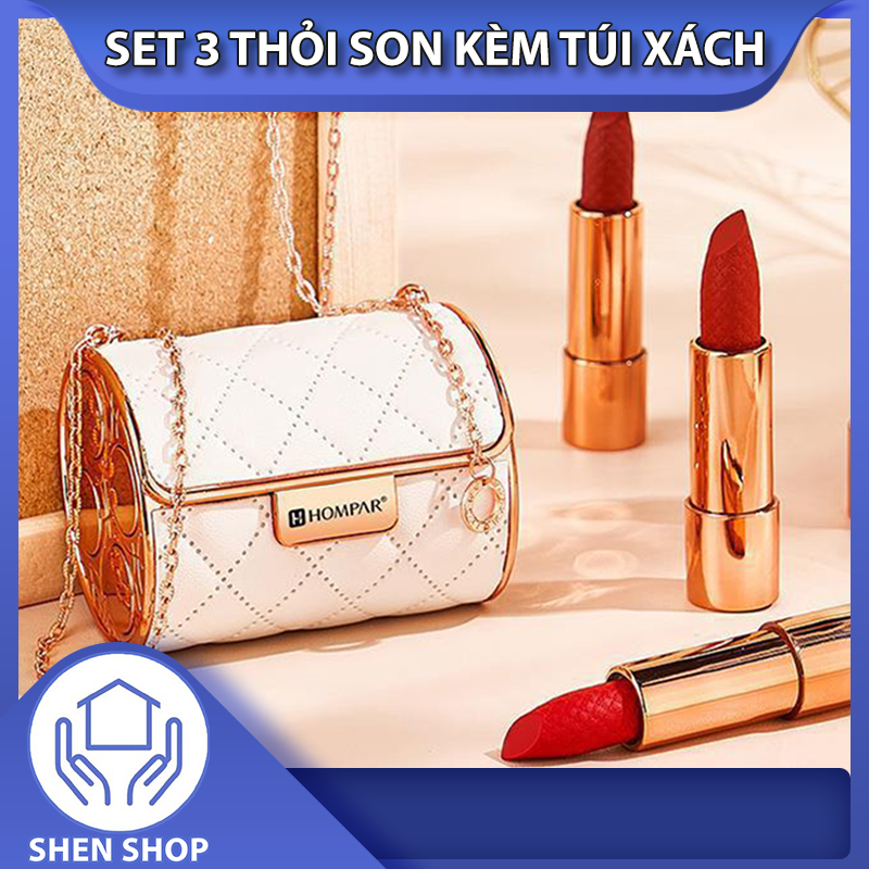 Set son quà tặng bạn gái, bộ 3 thỏi son kèm túi xách da cao cấp, tặng kèm son dưỡng, set quà son môi kết hợp túi xách mini, set son học sinh tone màu đỏ, lên màu chuẩn, độ bền màu cao, bộ son kem lì ko trôi 3 cây kèm son dưỡng