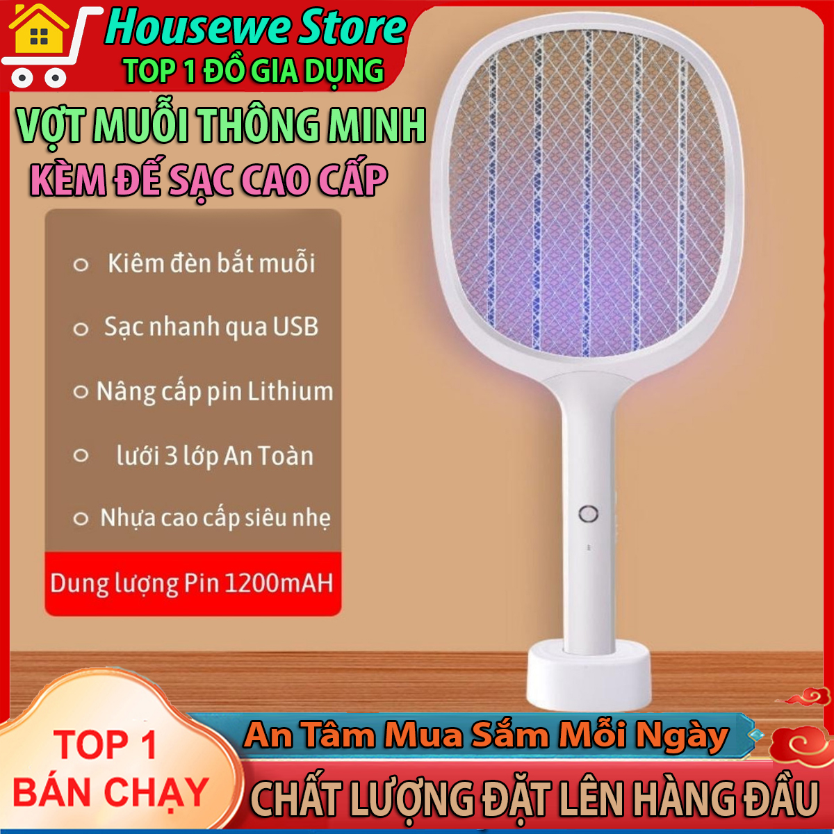 Vợt muỗi thông minh 2in1 kiêm đèn bắt muỗi tự động, pin 1200mAh tích hợp đèn led sáng có đế cắm sạc cao cấp - Vợt muỗi điện quang, Vợt muỗi thông minh tự bắt muỗi, Đèn bắt muỗi thông minh, Dụng cụ bắt muỗi, rồi