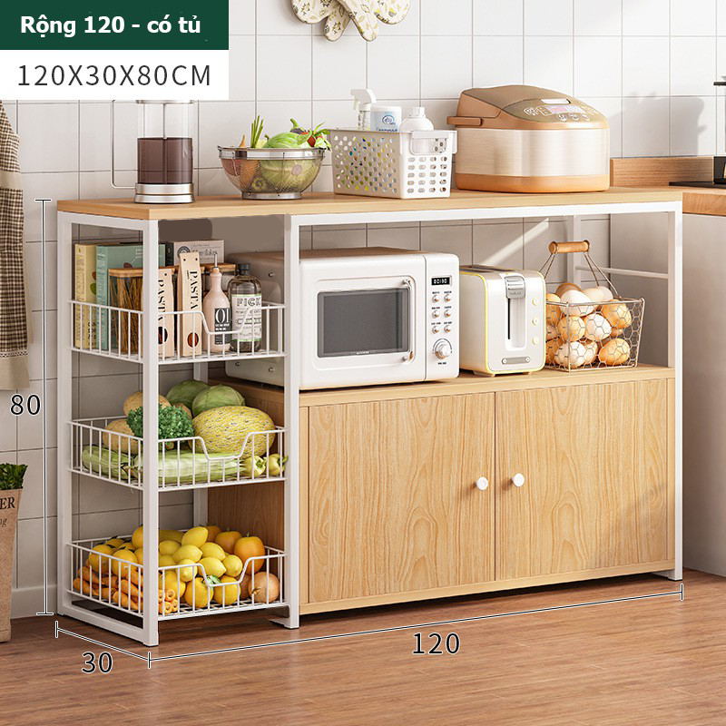 Kệ Bếp Có Tủ Để Lò Vi Sóng Đa Năng, Tủ Bếp Để Lò Vi Sóng, Kệ Nhà Bếp Nhiều Ngăn Khung Sắt Mặt Gỗ Chống Thấm Bền bỉ