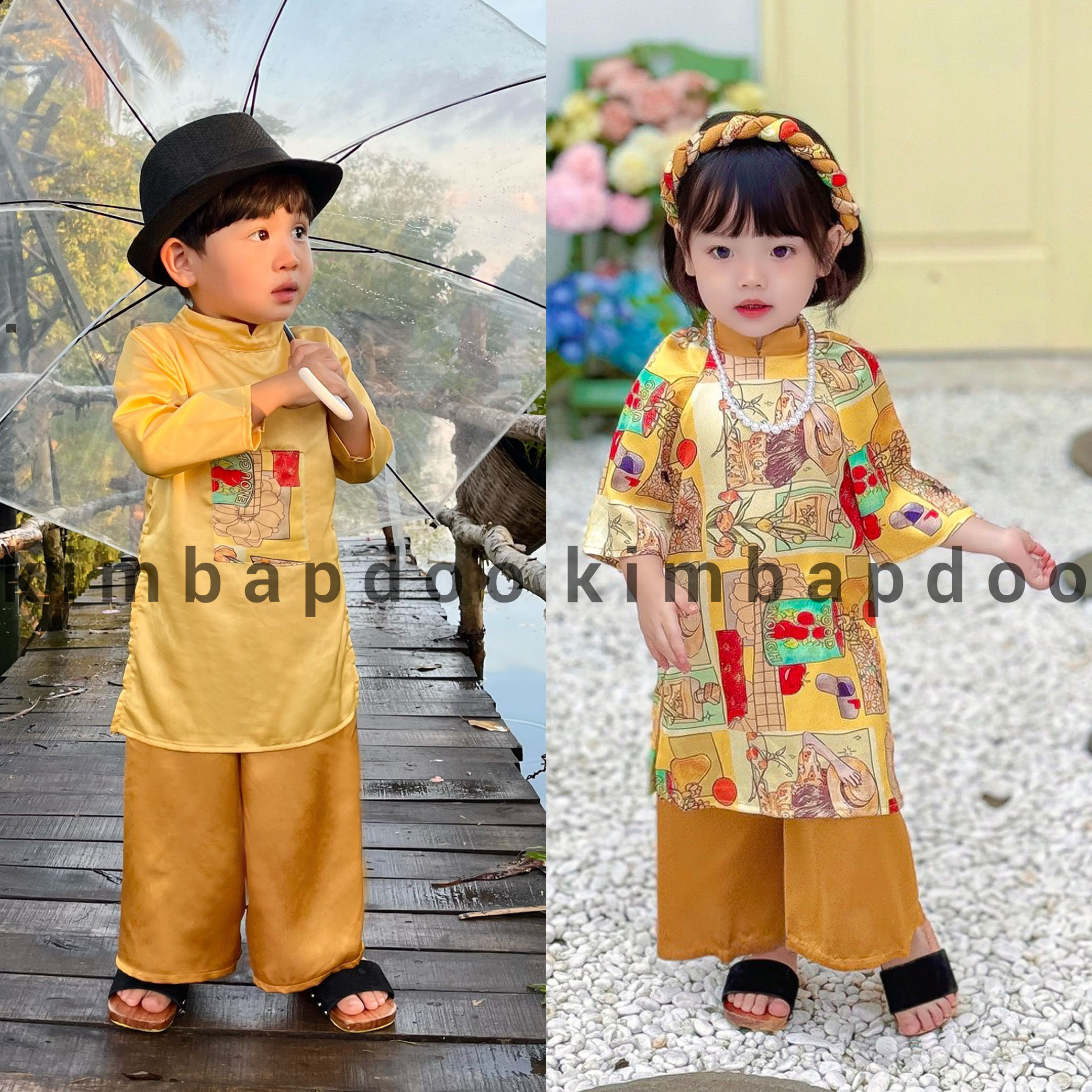 Áo dài cách tân cho bé gái, bé trai kimbapdoo - Set áo dài đôi cho bé - Áo dài Tết cho bé chất lụa mềm mại 7 - 35kg