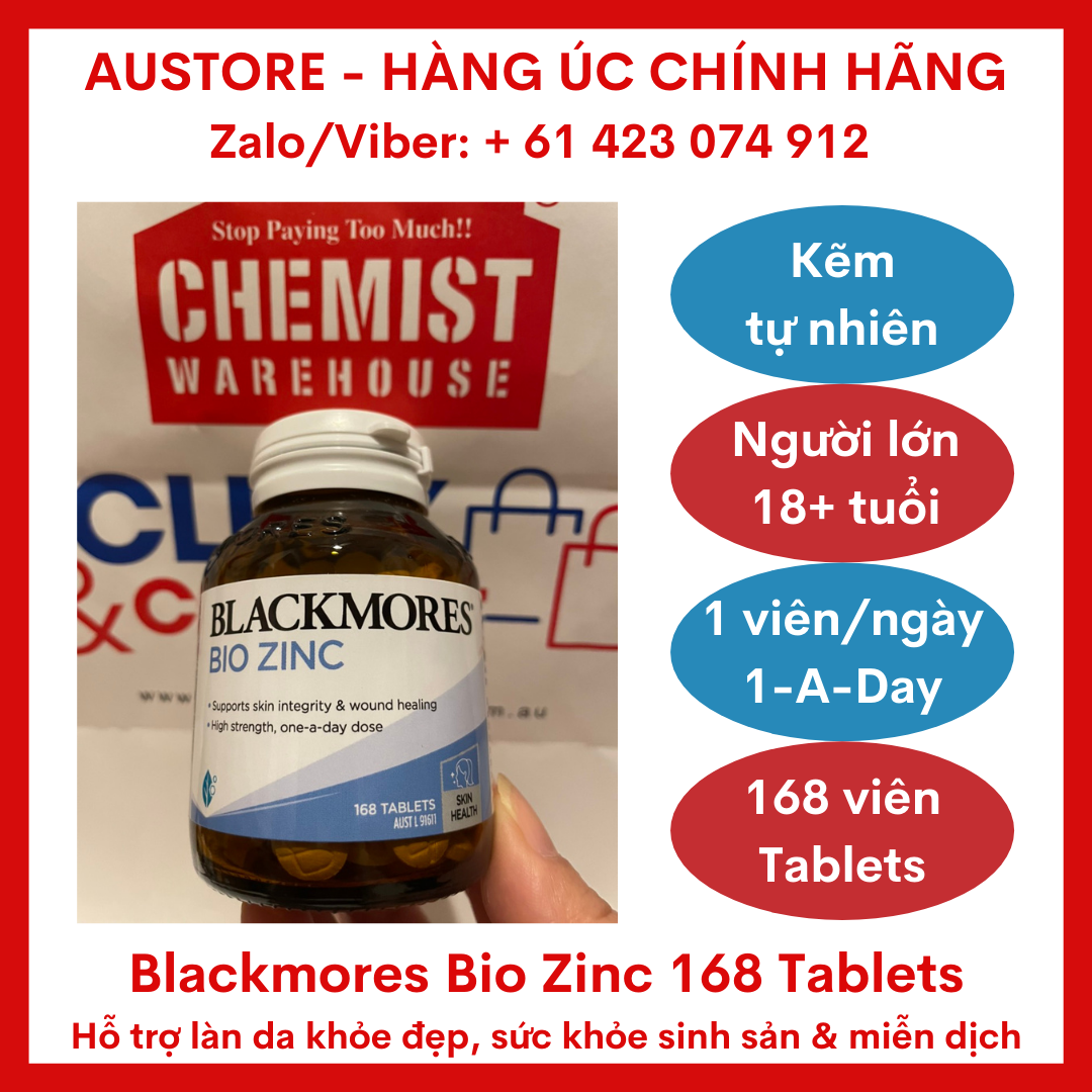 [Bill Úc, Date mới] Blackmores Bio Zinc 168 Tablets - Viên uống bổ sung kẽm sinh học Blackmore giúp duy trì làn da khỏe mạnh, hỗ trợ làn da dễ nổi mụn & sức khỏe sinh sản nam giới.