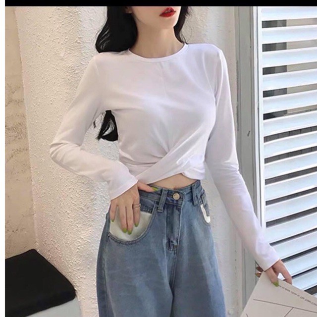 Áo croptop xoắn eo tay dài vải thun gân dày mịn