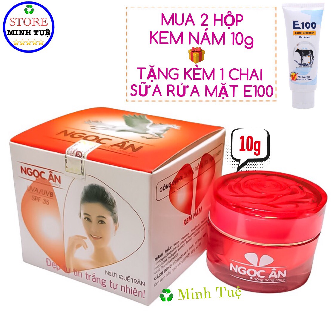 ( Mua 2 tặng 1) - Kem nám, dưỡng trắng da mỹ phẩm hoa anh đào trắng hồng như ý hàng chình hãng Ngọc Ân ( 10g ), tặng kèm 1 chai sữa rửa mặt E100.