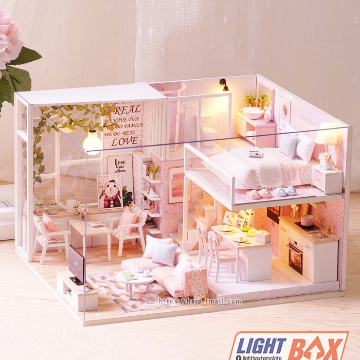 [Hoàn Tiền 10%]Nhà búp bê Tự làm bằng gỗ [Nhà có nội thất TRANQUIL LIFE & đèn LED] Tặng  KHUNG BẢO VỆ + DỤNG CỤ Và keo dán