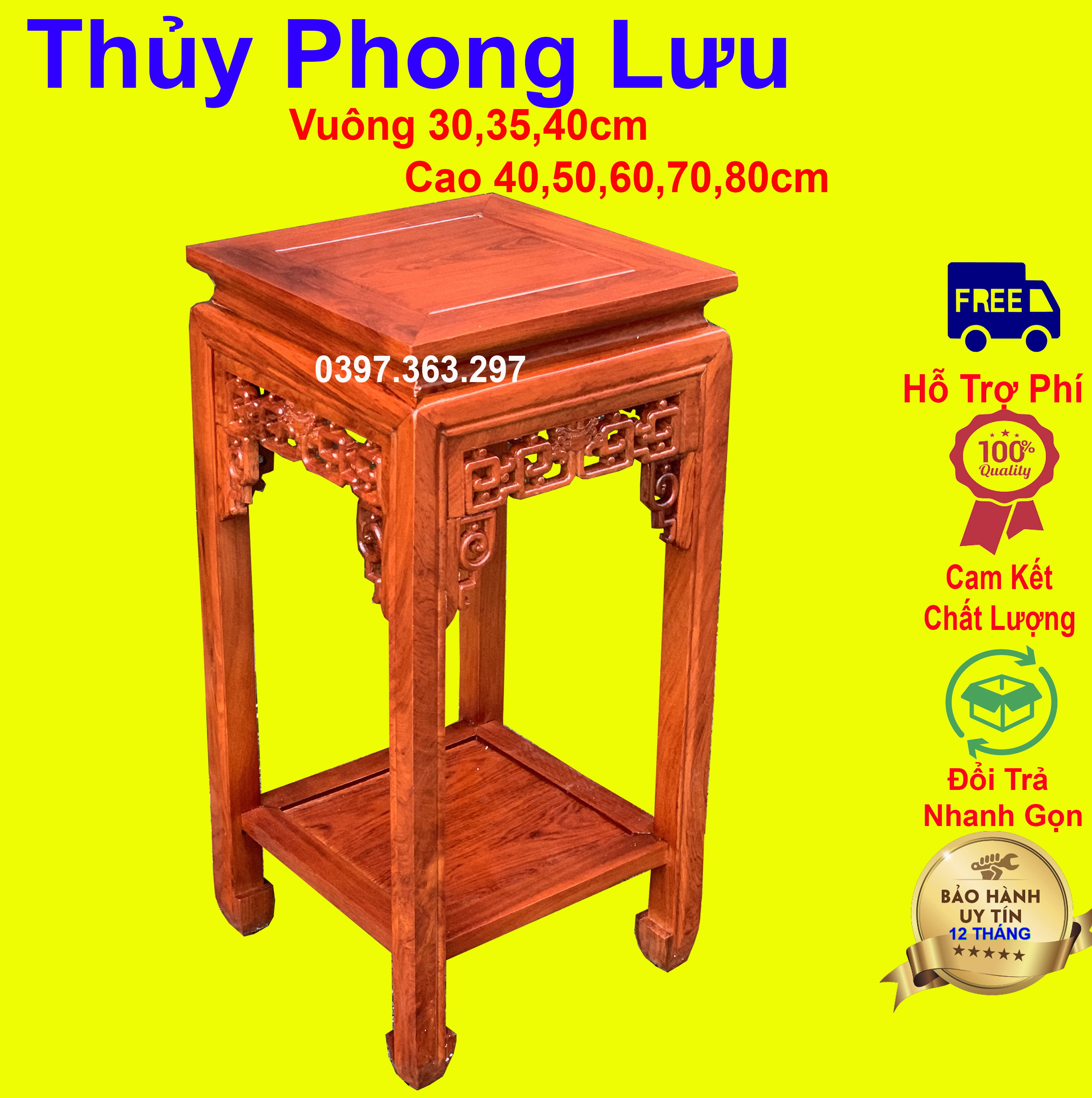 Đôn vuông chiện,đế bày đồ kê tượng cây cảnh gỗ gụ mặt 30,35,40cm cao 50,60,70,80