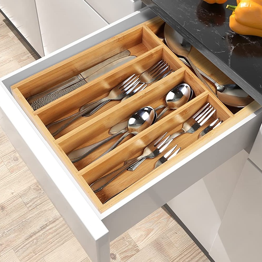 Khay gỗ tre đựng đồ chia ngăn để thìa dĩa muỗng đũa gỗ tre