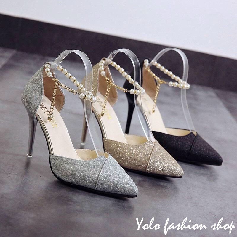 Giày kim sa cao gót bít mũi đính kim sa cao 9cm chất da pu phủ nhũ