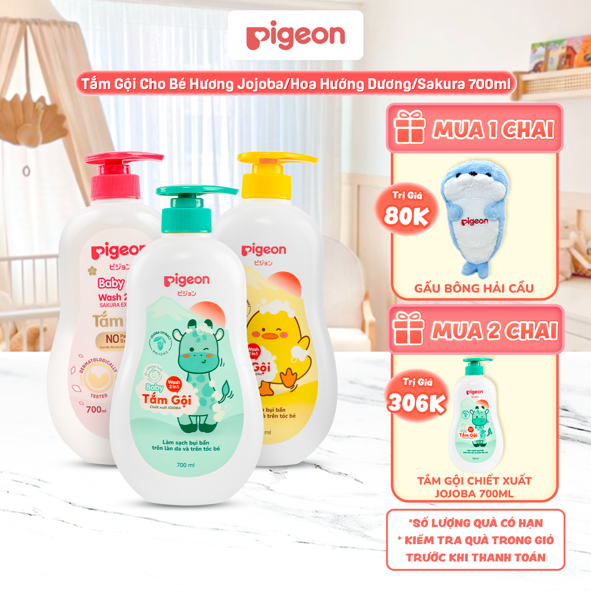 [MUA 2 CHAI TẶNG TẮM GỘI 700ML] Sữa Tắm Gội Dưỡng Ẩm Cho Bé Sơ Sinh Pigeon 700ml Dịu Nhẹ Mềm Mại An Toàn Cho Da Chính Hãng - Hương Sakura/Jojoba/Hoa Hướng Dương