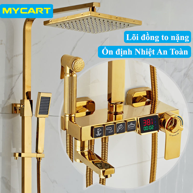 Bộ sen cây tắm đứng, sen vòi tắm vàng đồng hiển thị led set nhiệt độ an toàn tránh bỏng