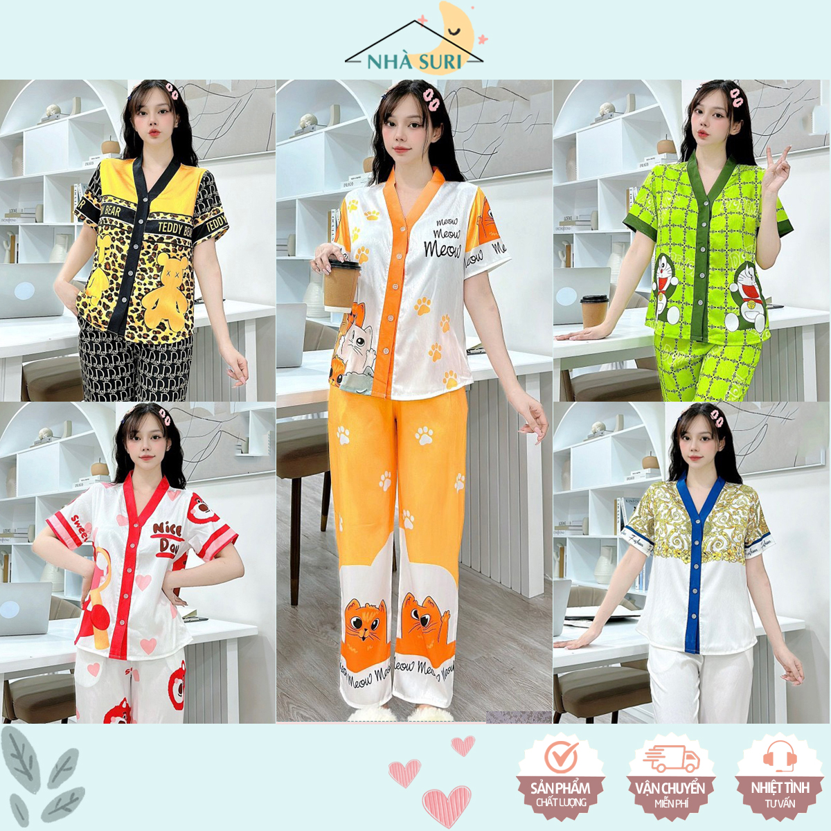 Đồ bộ ngủ pijama cổ V mặc nhà lụa xước ánh kim in hình 5D nhiều họa tiết dễ thương