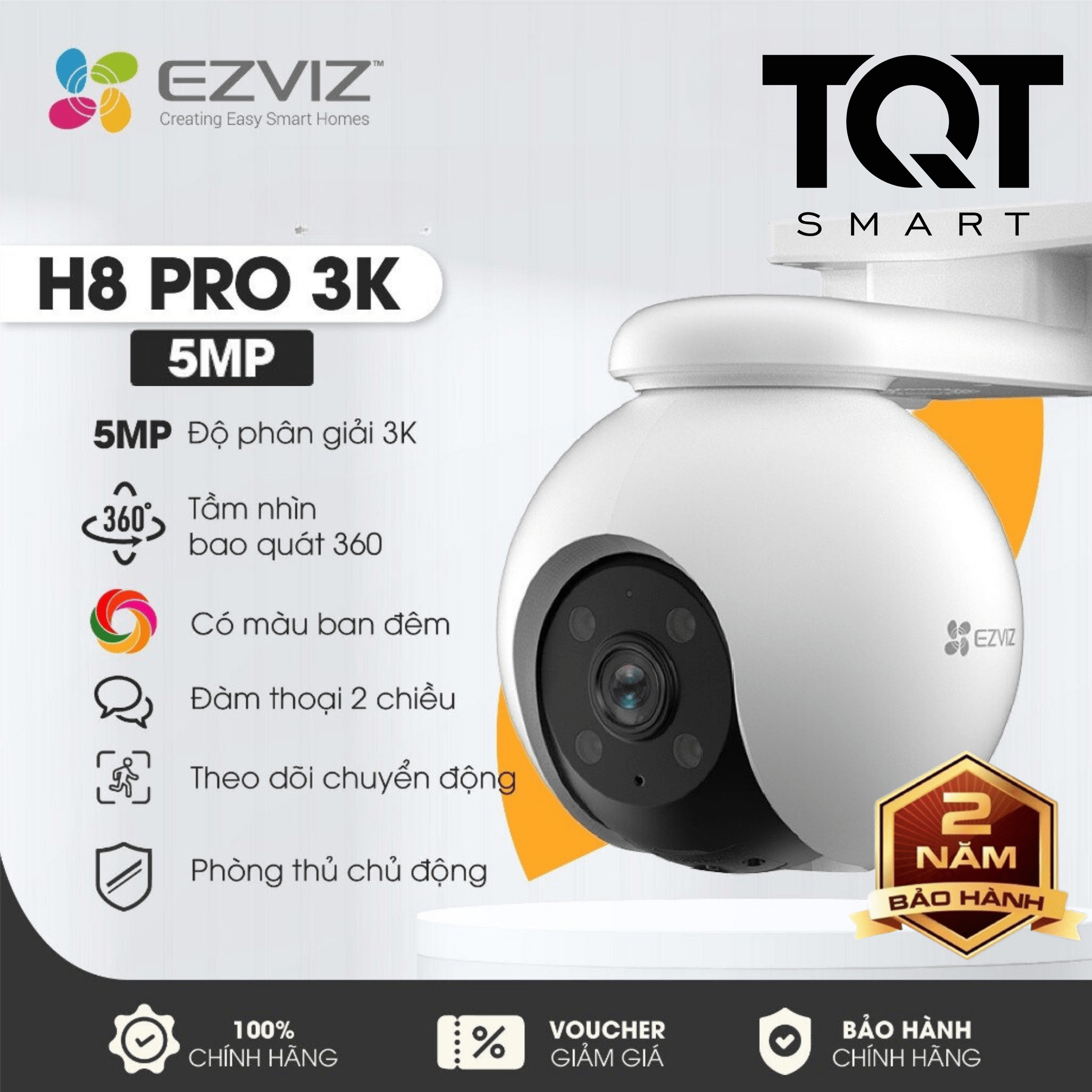 Camera WiFi EZVIZ H8 Pro 3K 5MP Quad HD Đàm thoại 2 Chiều Có Màu Ban Đêm Thiết Lập Nhanh Góc Quan Sát Quay Quét 360 Ngoài Trời Thông Minh Báo Động Chống Trộm Bảo Hành 2 Năm TQT SMART