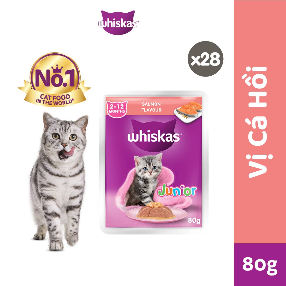 [Quà tặng không bán] Thùng Thức Ăn Cho Mèo Con Dạng Sốt Pate WHISKAS - 80 gói - 28 gói