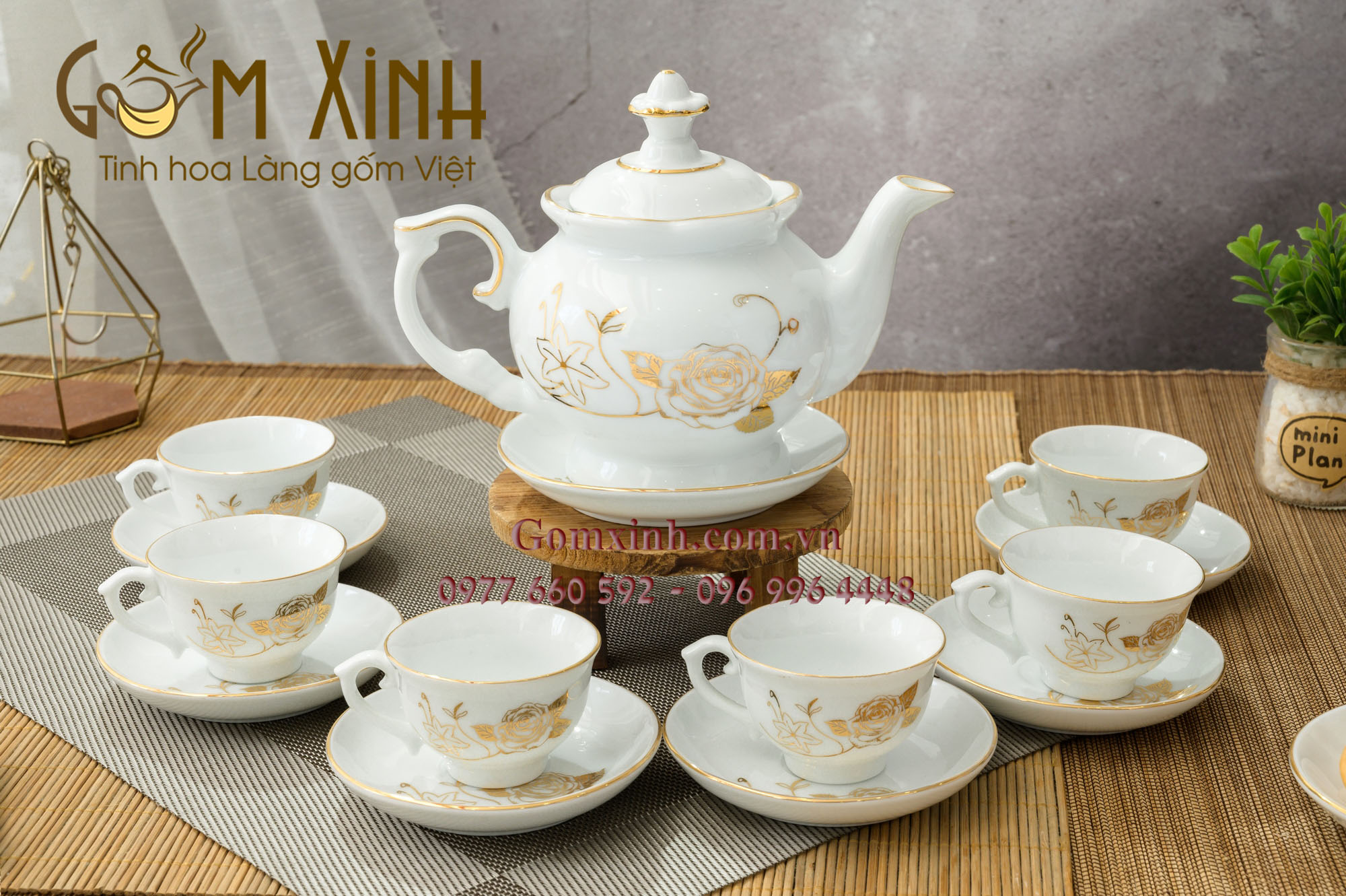 Bộ ấm chén Bát Tràng Phú Quý hoa hồng viền vàng kim