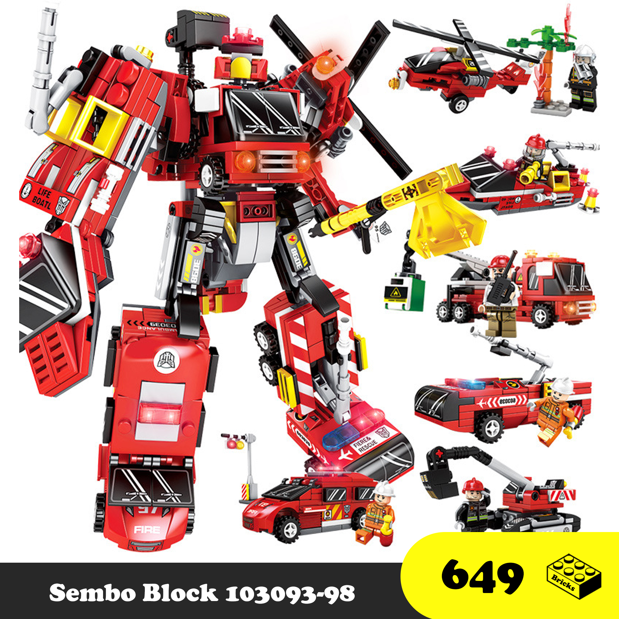 Đồ chơi lắp ráp lego robot cứu hỏa 6 trong 1 - robot transformer sembo block 103093 - đồ chơi lego 649 mảnh ghép