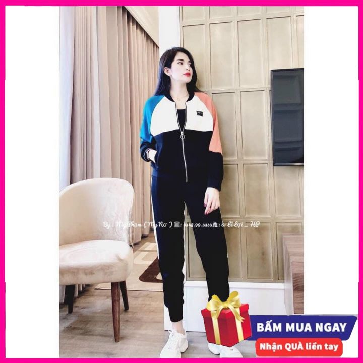 Bộ thể thao nữ áo khoác da cá phối màu cao cấp siêu đẹp