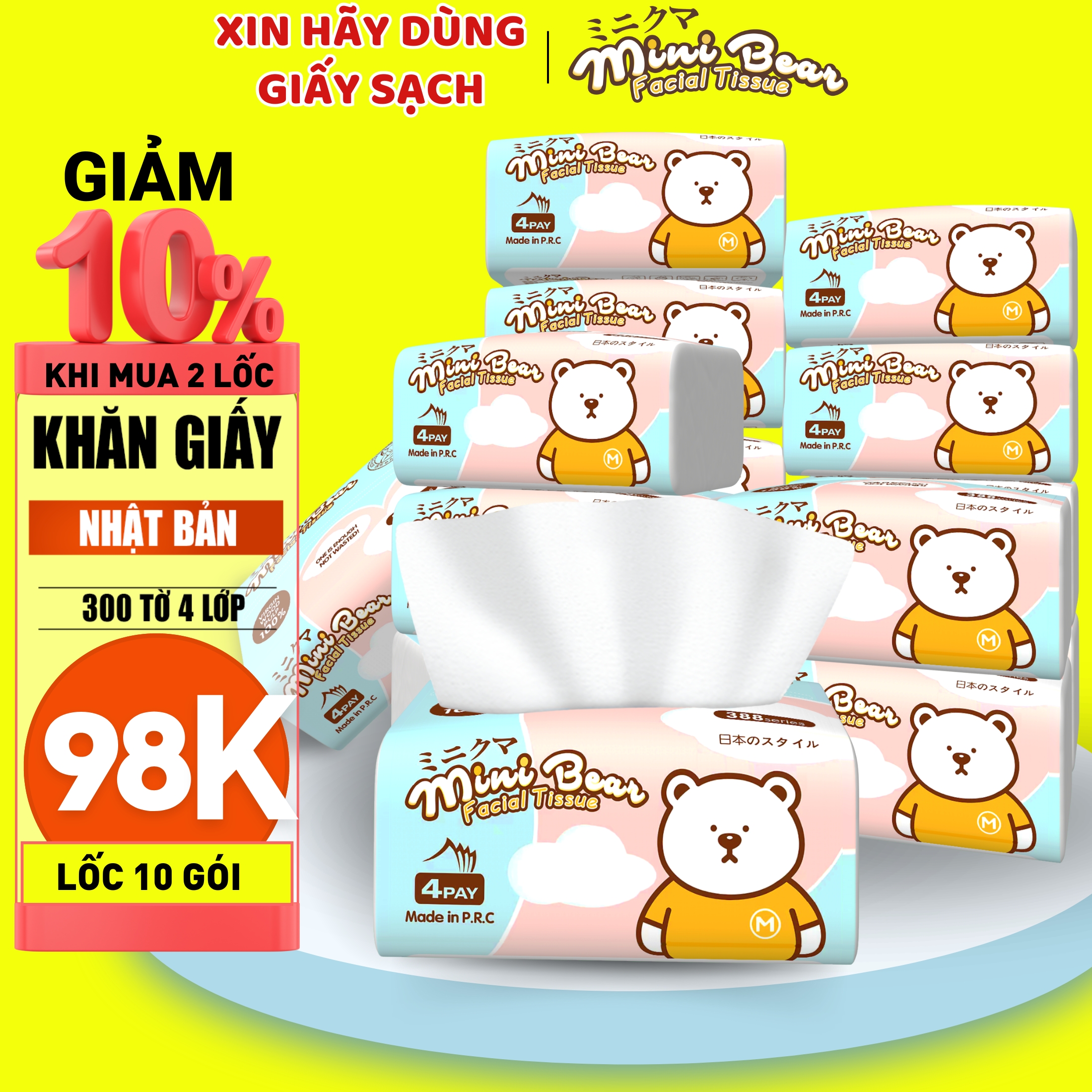 [GIẢM ĐẾN 20% XU] Khăn giấy MiniBear -  Mua 2 giảm 10%  10 gói /30 gói giấy ăn thêm dày 100% bột gỗ nguyên sinh