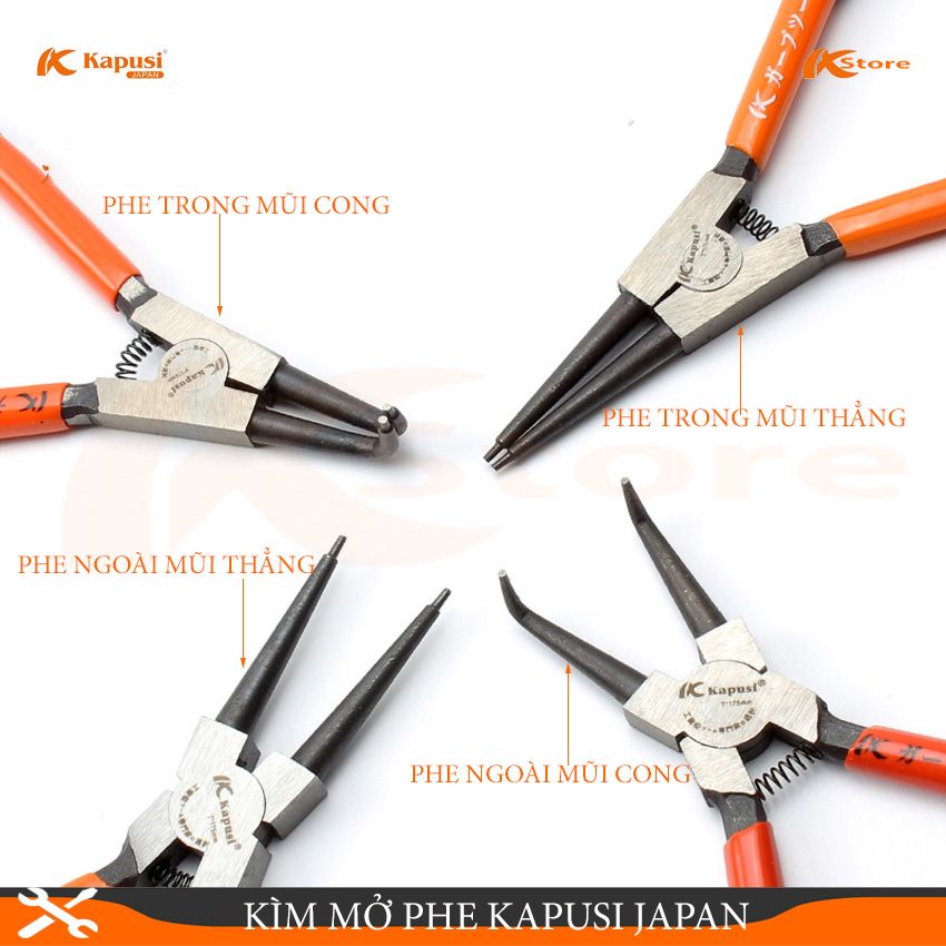 Bộ 4 kìm mở phe kapusi japan 7inch/175mm,kìm mở phe ngoài mũi thẳng, kìm mở phe trong mũi thẳng, kìm mở phe ngoài mũi cong, kìm mở phe trong mũi cong