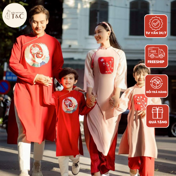 Áo dài cách tân Gia đình thiết kế chất liệu Tafta và Lụa họa tiết thêu in - Xưởng May Áo dài T&C - ADGD1