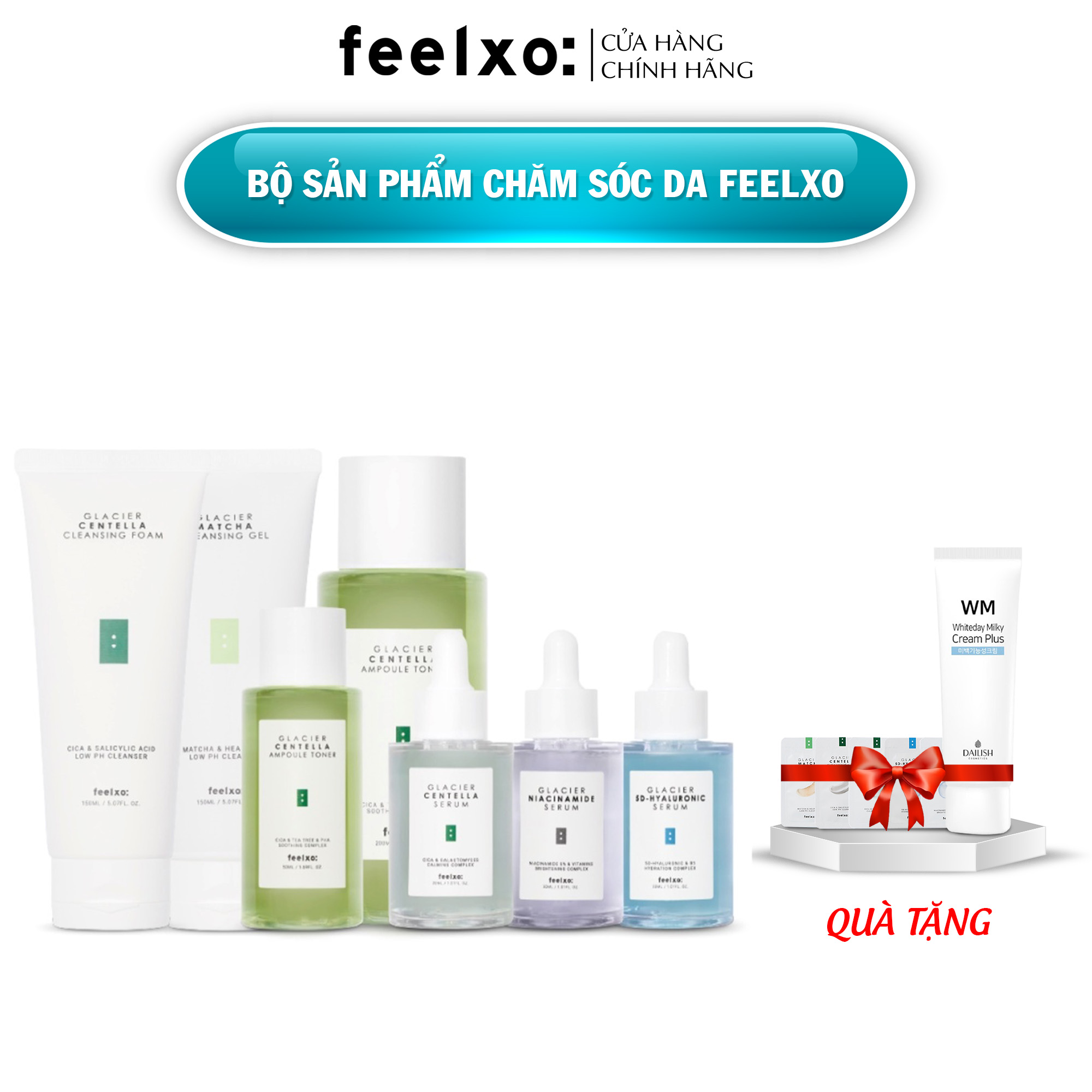 Bộ sản phẩm chăm sóc da Feelxo gồm sữa rửa mặt/ Toner/ Serum rau má/ Niacinamide 5%/ Hyaluronic