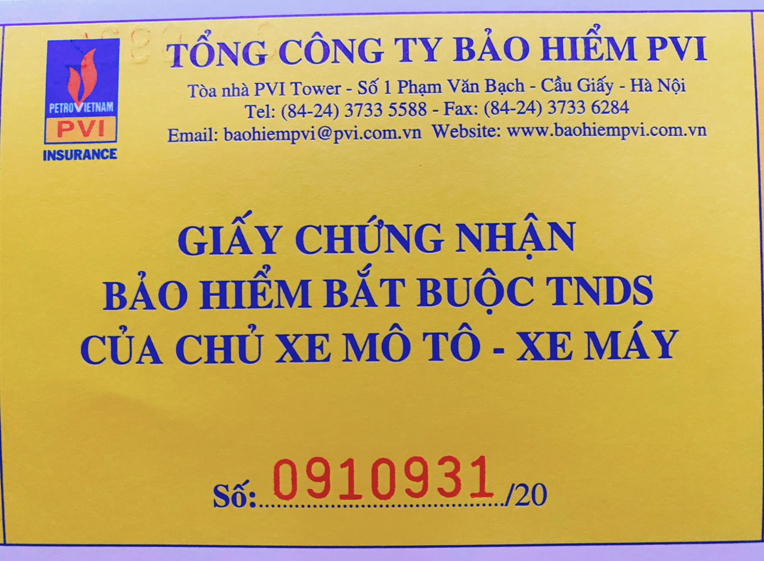 [HCM]Bảo Hiểm xe máy Bắt Buộc TNDS chủ xe Mô Tô Xe máy (2 Liên)