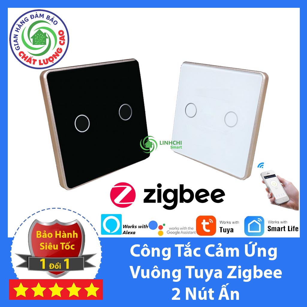 Công tắc cảm ứng vuông điều khiển từ xa tuya zigbee 2 nút ấn viền vàng mặt kính cảm ứng