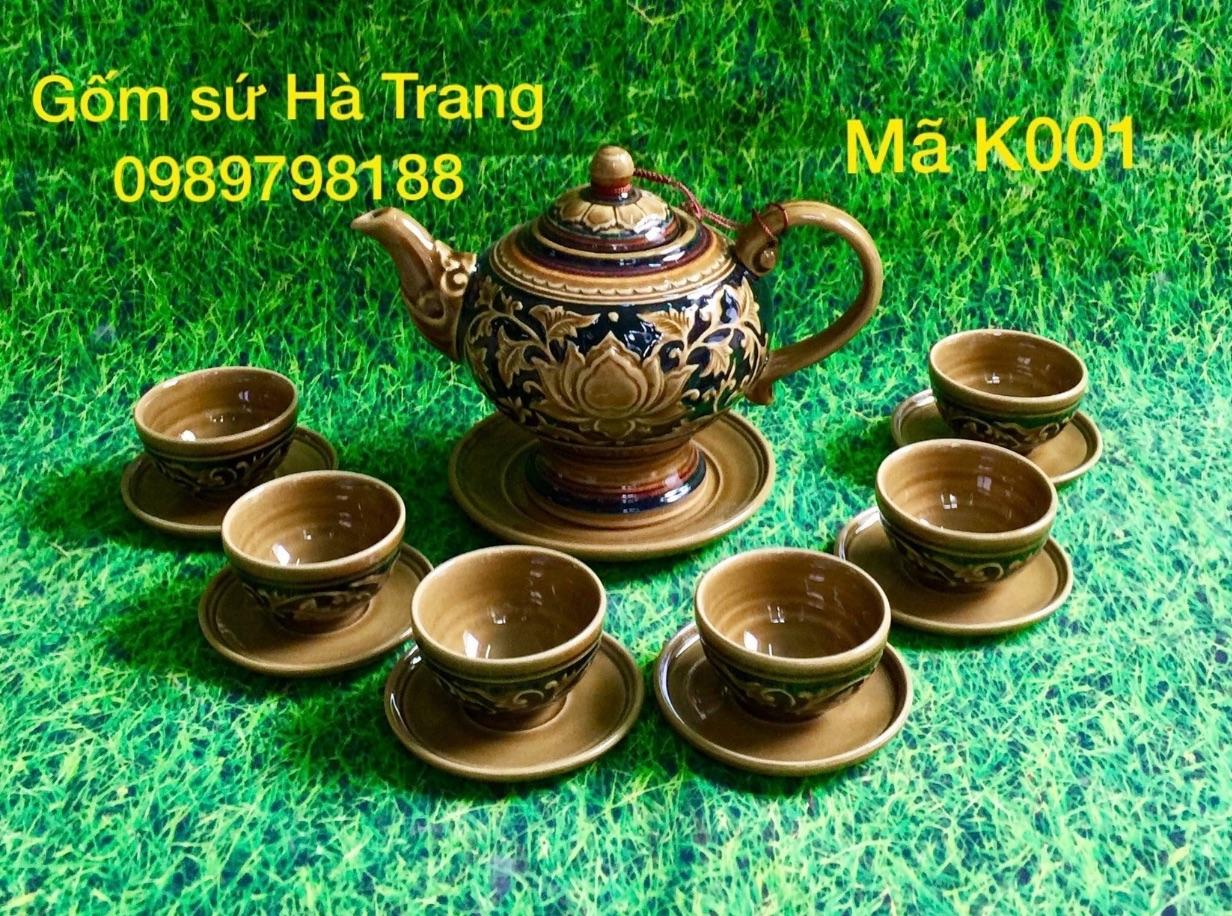 Bộ ấm chén khắc chìm gốm sứ Bát Tràng cao cấp